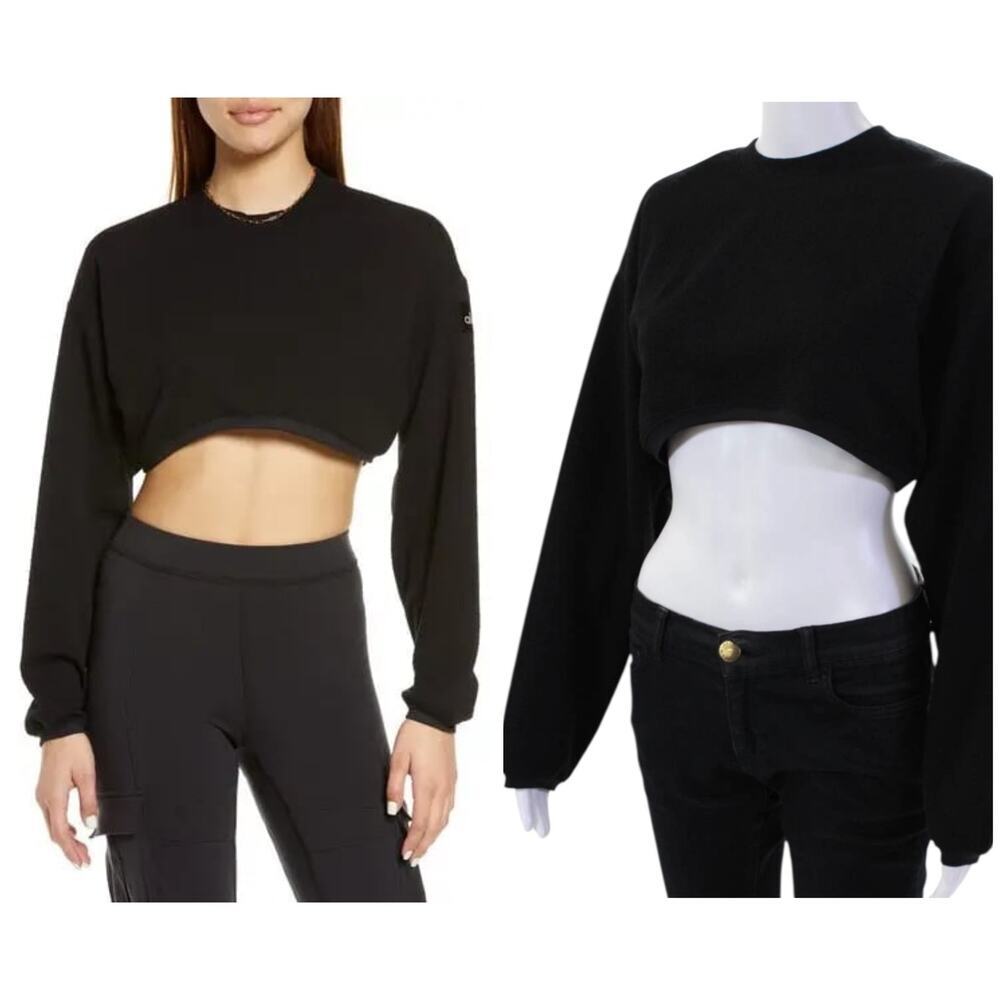 Alo Yoga Women's Black Caliber Athletic Soft‎ Cropped Sweatshirt Gym Pullover XS